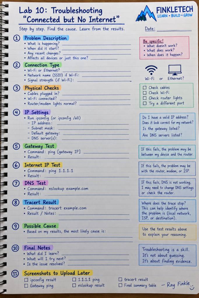 Your networking notebook page prepared for the connected-but-no-internet troubleshooting lab