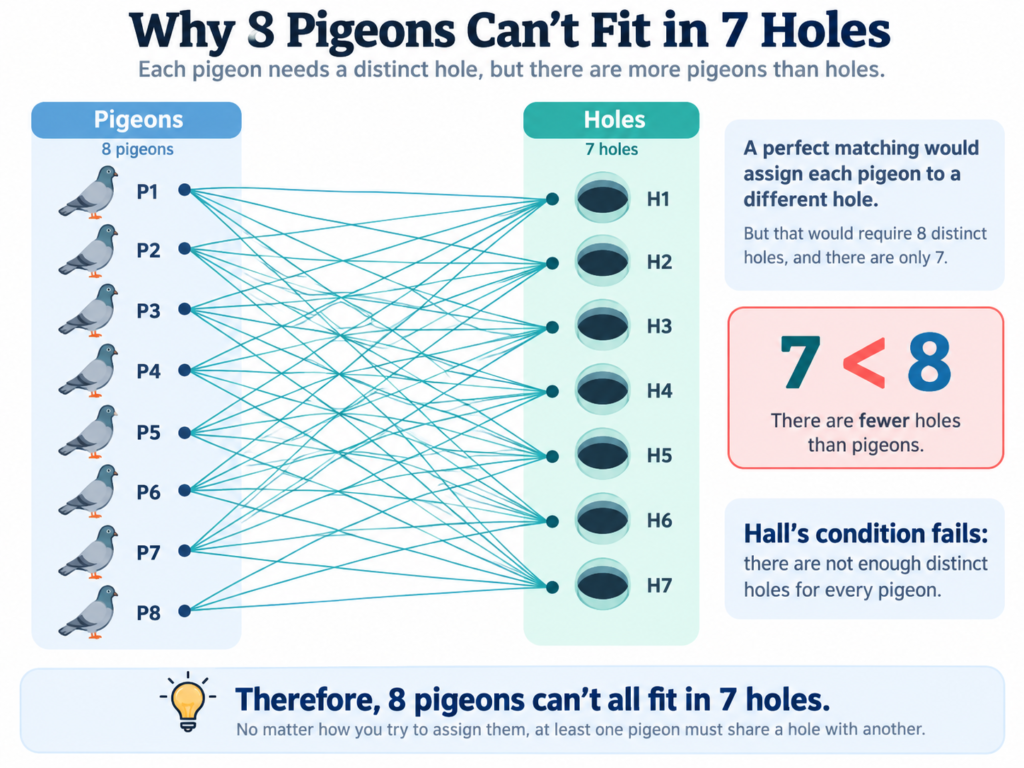 Mathematical diagram showing eight pigeons connected to seven available holes, illustrating the pigeonhole principle and why a one-to-one assignment is impossible.