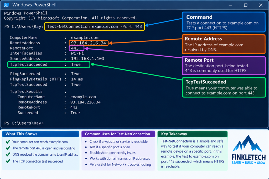 PowerShell Test-NetConnection result for example.com port 443