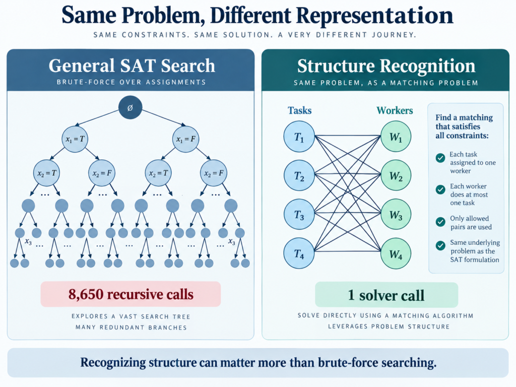 Side-by-side diagram comparing a SAT solver requiring 8,650 recursive calls with a structure-aware matching solver requiring one top-level call for the same pigeonhole problem.