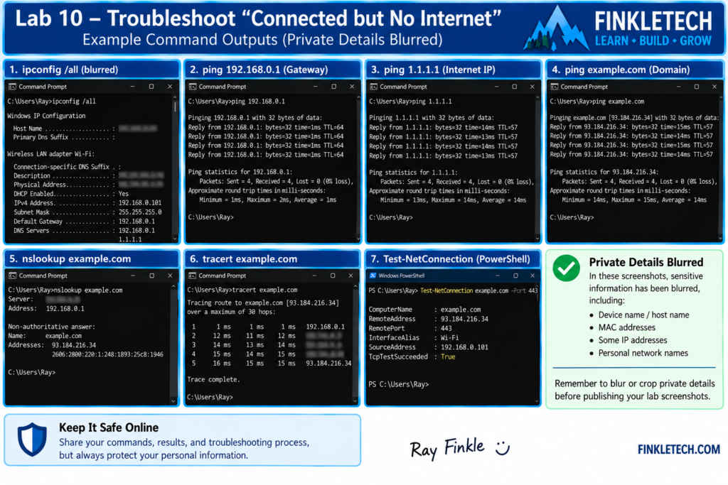 Cropped troubleshooting command output with private details blurred