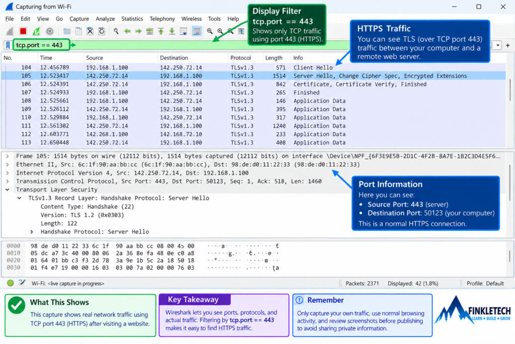 Wireshark filter showing TCP port 443 traffic