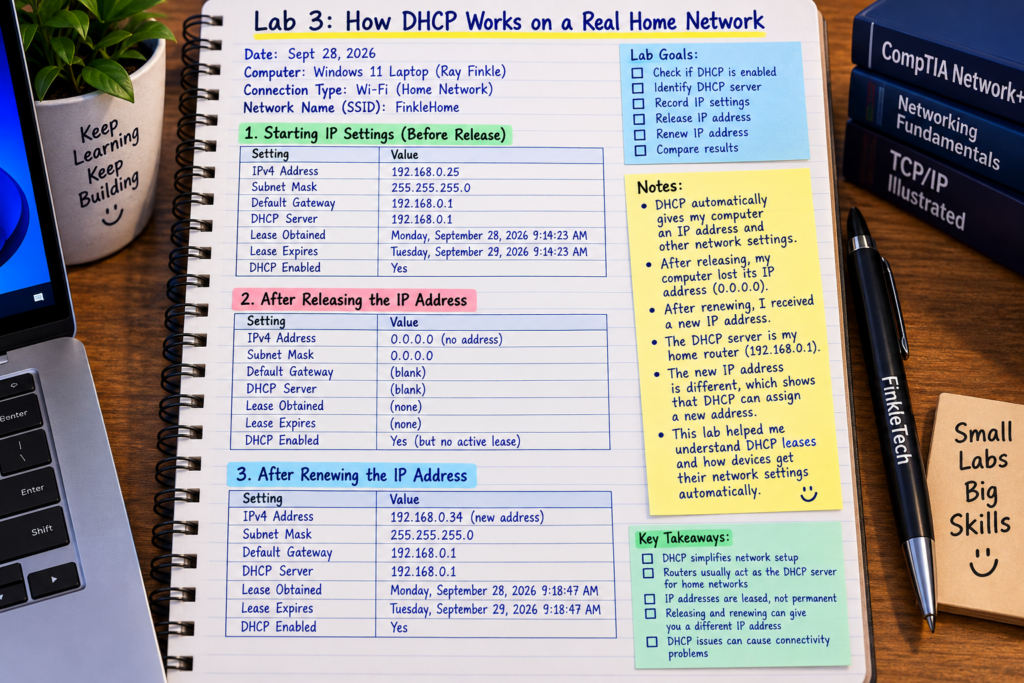 Networking notebook prepared for a DHCP lab with sections for starting IP settings, released IP settings, renewed IP settings, lease information, and troubleshooting notes.